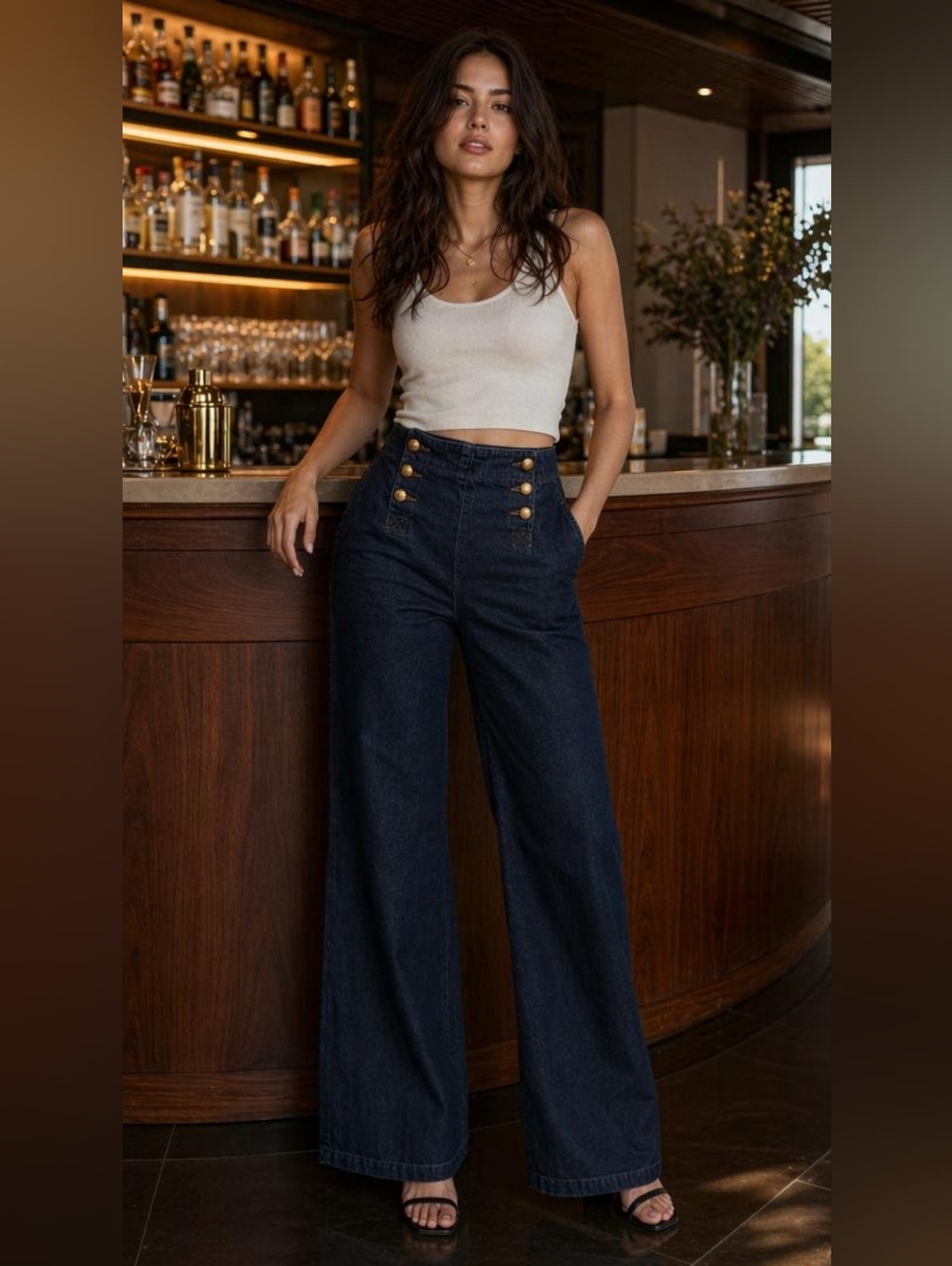 High-Waist Wide Leg Sailor Jeans with Gold Buttons VTG
